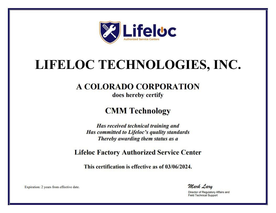 Lifeloc Authorized Service Centre Certficate 060324